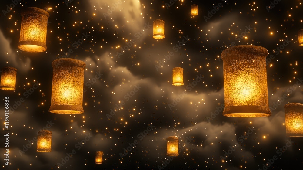 Poster a dark sky with floating lanterns casting soft, golden light, creating space for text in the lower c