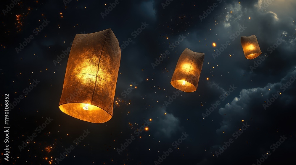 Poster a dark sky with floating lanterns casting soft, golden light, creating space for text in the lower c