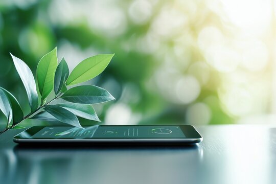 Dynamic energy-saving technology display on tablet screen nature background digital interface eco-friendly calm environment