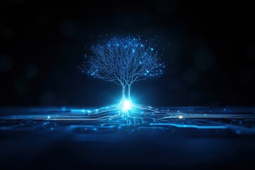 Glowing network of tree branches digital landscape abstract art tech environment futuristic viewpoint connection concept