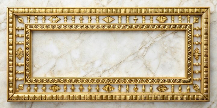 Ancient Egyptian gold frame intricately carved on a white marble background