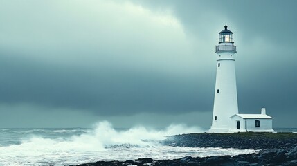 Obraz premium Lonesome lighthouse enduring powerful storm waves and dramatic sky.