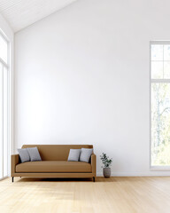 Fototapeta premium Cozy living room with a modern brown sofa and large windows for natural light
