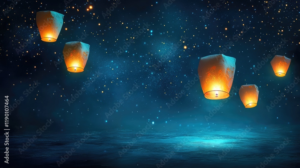 Poster a festive night with lanterns floating gracefully in the air, glowing softly with space for text in 