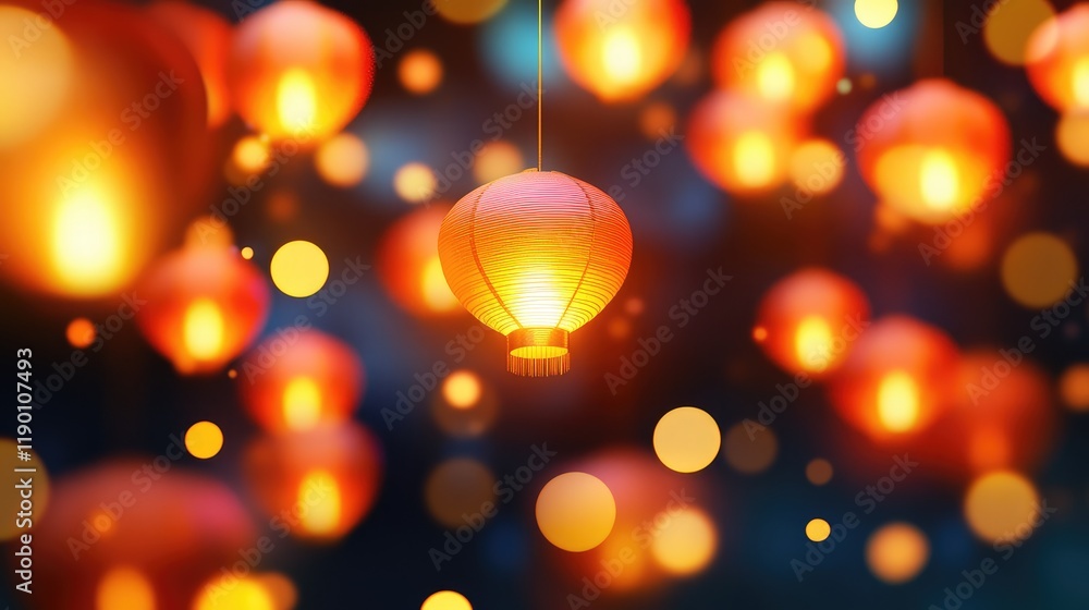 Poster a festive night with lanterns floating gracefully in the air, glowing softly with space for text in 