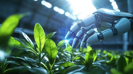 Futuristic robots cultivating plants greenhouse technology integration eco-friendly environment close-up view progress in agriculture