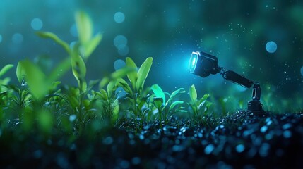 Robots cultivating aquatic plants in a sustainable wetland nature scene futuristic environment close-up perspective