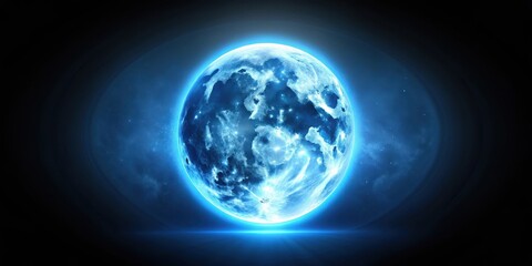 Fototapeta premium A celestial blue super moon glows with a vibrant blue halo, illuminated against an inky black background, surrounded by an aura of mystical energy , Night Sky, Space