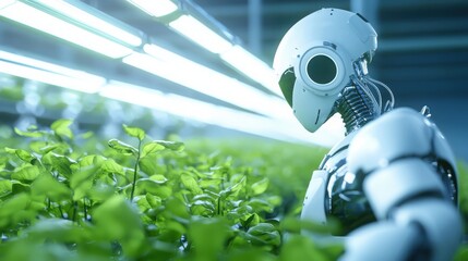 Futuristic robots assisting humans in eco-friendly agriculture modern greenhouse technology imagery controlled environment close-up perspective