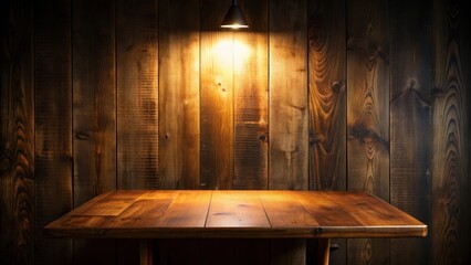 A warm wooden table sits alone on a dark wooden wall in a dimly lit room, with only soft ambient light casting an eerie glow on the surface of the wood , dark wood, dark interior decor