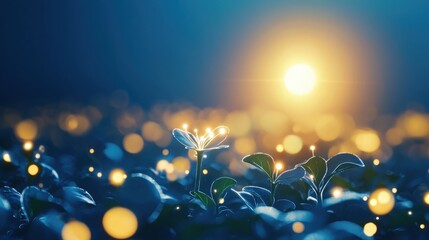 Vibrant solar energy farm surrounded by blooming flowers at sunrise nature photography tranquil environment dreamy concept