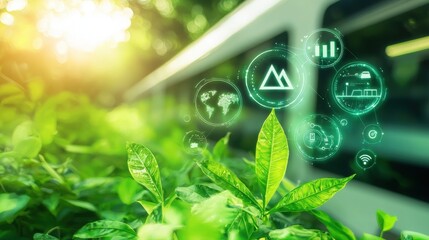 Sustainable transportation innovations urban environment digital concept art nature integration futuristic viewpoint