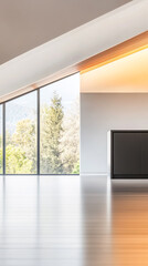 Obraz premium Modern interior design showcasing expansive windows and minimalist aesthetics in a spacious setting
