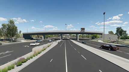 A freeway junction with multiple lanes and overpasses, clean surfaces, and visible road signs, providing a dynamic urban visual