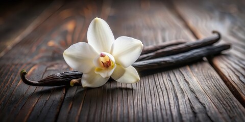 Fototapeta premium A single white vanilla pod lies on a dark wood table with a few isolated flowers around it, creating a sense of simplicity and elegance , flower, natural
