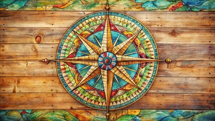 Obraz premium A colorful compass rose with intricate details and patterns on a vintage wooden table, illustration, watercolor