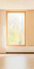 Fototapeta premium Bright and airy interior space showcasing a large window with tree view in autumn