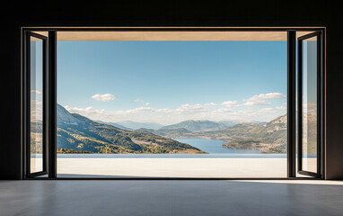 Stunning panoramic view of mountains and lake from open window showcasing nature's beauty