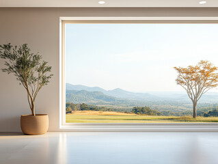 Serene mountain landscape viewed through a large window with minimalist interior design