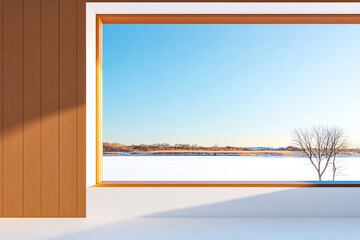 Winter landscape viewed from a modern interior with a large window overlooking snow