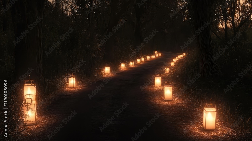 Poster a glowing display of streetlights stretching into the distance on a dark road, casting shadows and p