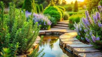 Fototapeta premium Fragrant rosemary blooms in a lush herb garden surrounded by vibrant green foliage and rustic stone pathways leading to a serene water feature, rosemary blossoms, outdoor scenery