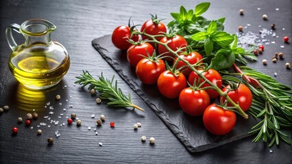 Aromatic herbs and cherry tomatoes arranged artfully on a black stone table with a drizzle of olive oil, creating a visually appealing still life composition , rustic home decor, culinary arts