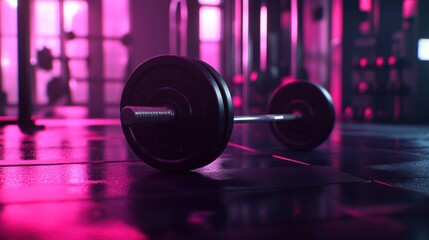 Barbell on a gym floor with pink lighting