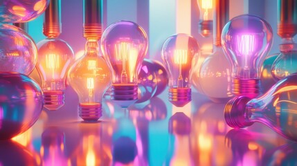 A glowing display of colorful light bulbs in neon shades, casting vibrant reflections on a surface below with space for copy