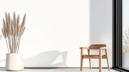 Bright interior with minimalist design featuring a wooden chair and decorative plant