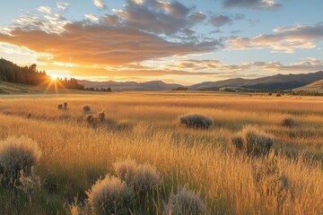 Obraz premium Golden field of tall grass at sunset with a soft orange sky
