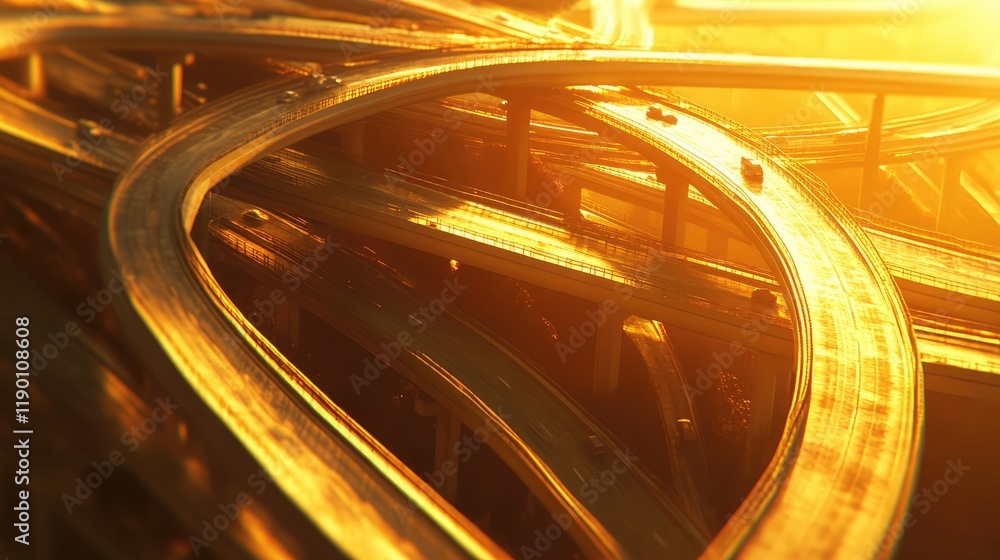 Aufkleber a highway interchange at sunset with warm golden light reflecting off the roads and creating an invi