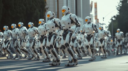Obraz premium Group of futuristic soldiers in white armor marching in unison