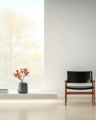Elegant interior with minimalist chair and flower vase near large window