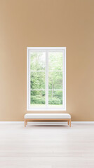 Fototapeta premium Modern interior with minimalist bench under bright window overlooking green garden