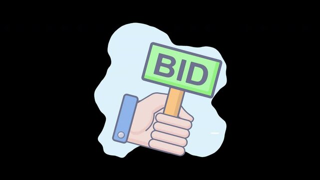 A hand holding a green 'BID' sign, representing an auction or bidding process in a cartoon style.