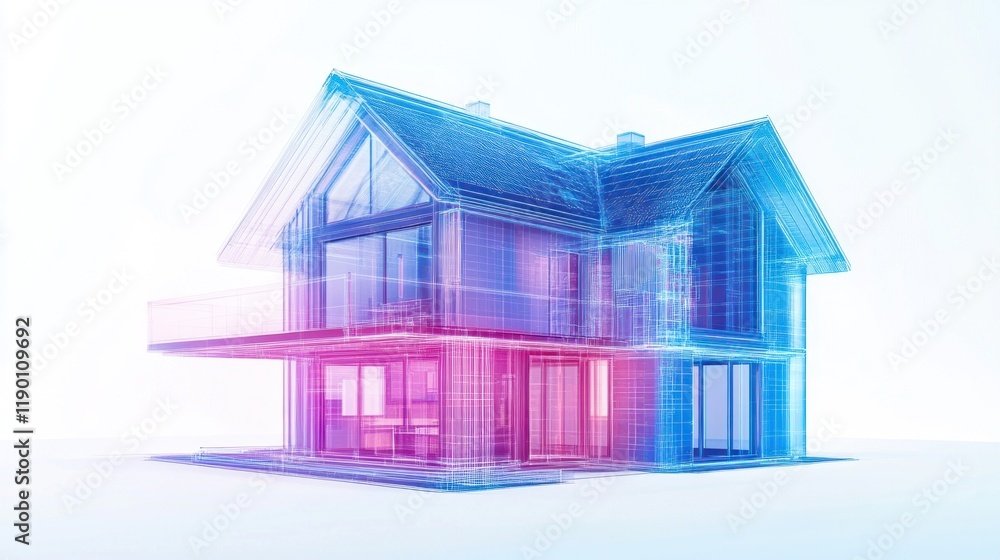 Poster modern house architectural design wireframe 3d model visualization blueprint