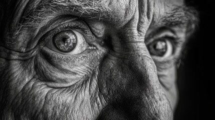 Close-up black and white portrait of an elderly man&rsquo;s eye with wrinkles
