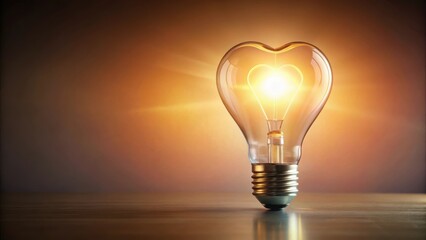 A soft glow emanates from a light bulb with a warm heart-shaped core, symbolizing gentle love and kindness , light