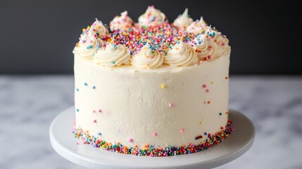Funfetti Cake: Vanilla cake with sprinkles baked in, topped with funfetti frosting and additional sprinkles for a playful touch.