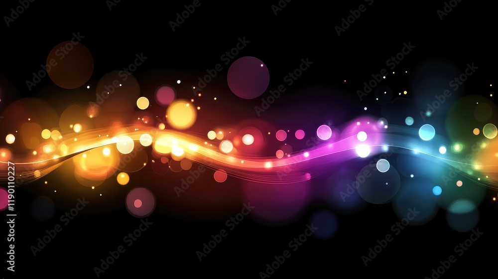 Poster a mix of colorful lights streaming through a dark space, with abstract light trails and ample copy s