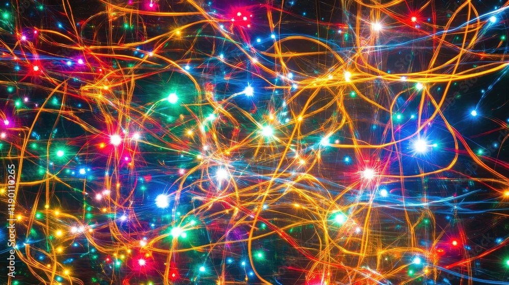 Poster a mix of colorful lights streaming through a dark space, with abstract light trails and ample copy s