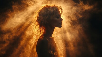light of divinity touching a devotee silhouette of a woman in the rays of light against the dark with smoke