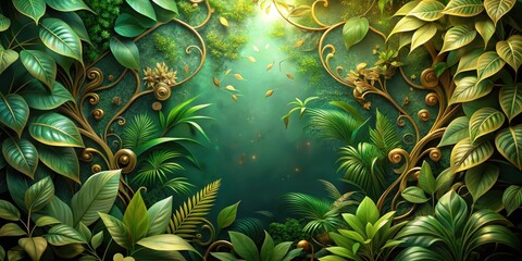 Fototapeta premium lush green foliage with golden accents and intricate details, nature, tranquil, nature, tranquil, earthy, plants