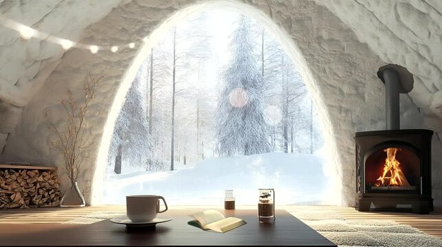 Winter scene showing a cozy igloo interior with a fireplace, a cup of tea, and a view of snow-covered trees. Seamless looping video animation.