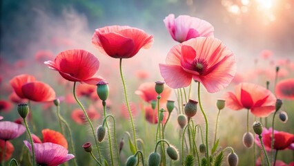 Soft pink red poppy flowers sway gently in the morning mist
