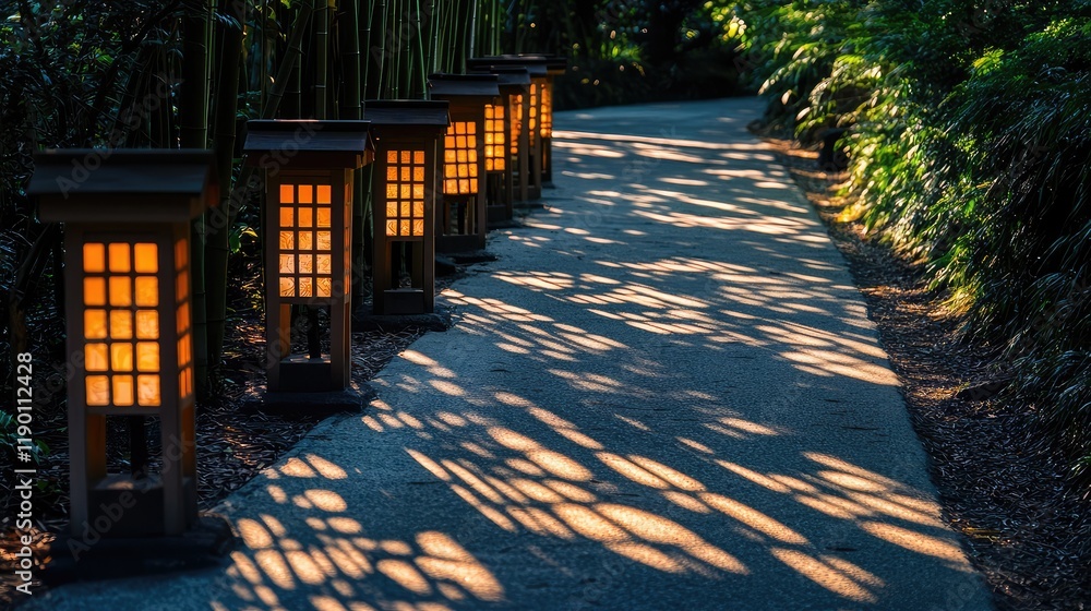 Poster a row of glowing bamboo lanterns, casting intricate shadows on the ground with open space for copy a
