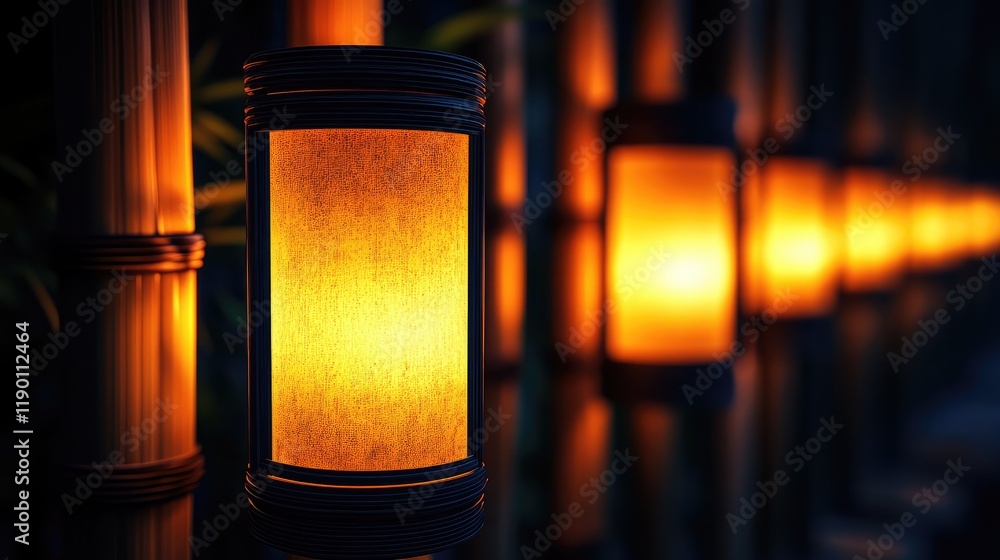 Poster a row of glowing bamboo lanterns lit up against the night sky, creating a warm, serene atmosphere wi