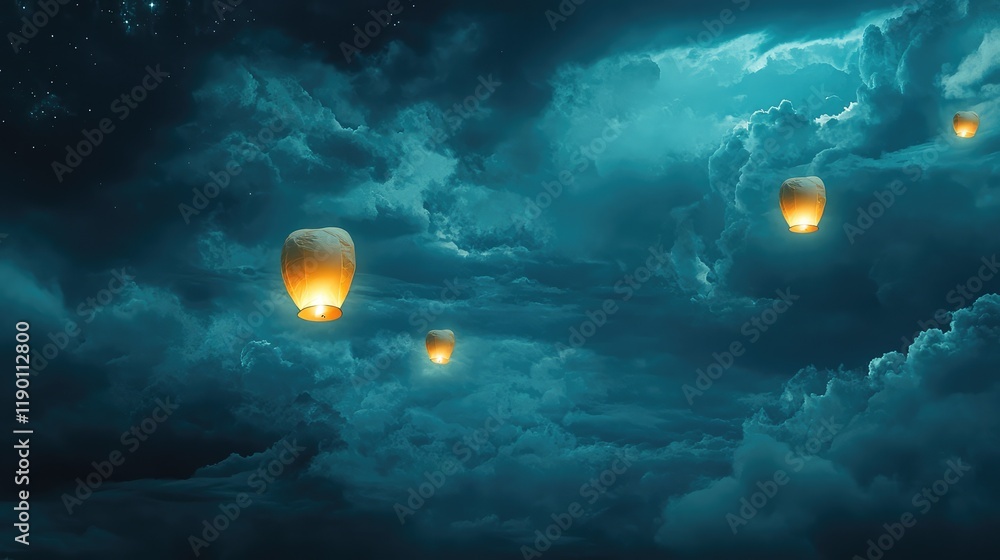 Poster a scene of floating lanterns in a dark sky, creating a serene and magical atmosphere, with plenty of