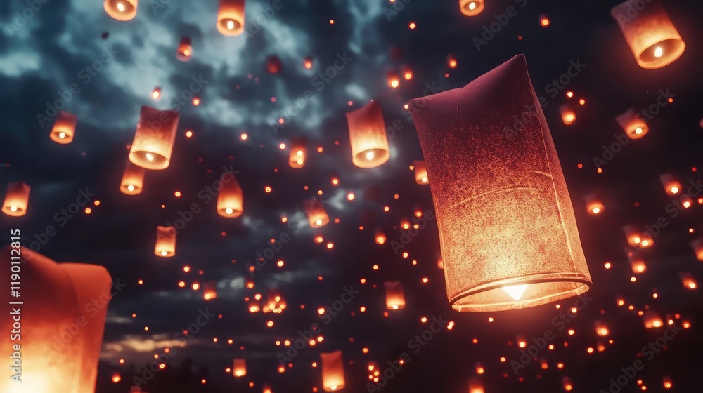 Poster a scene of floating lanterns in a dark sky, creating a serene and magical atmosphere, with plenty of